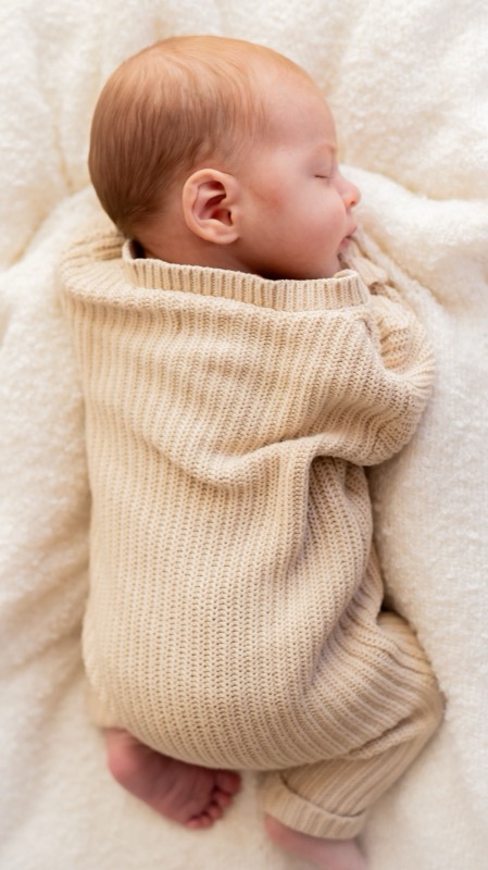 Pasgeboren baby in een gebreid pakje